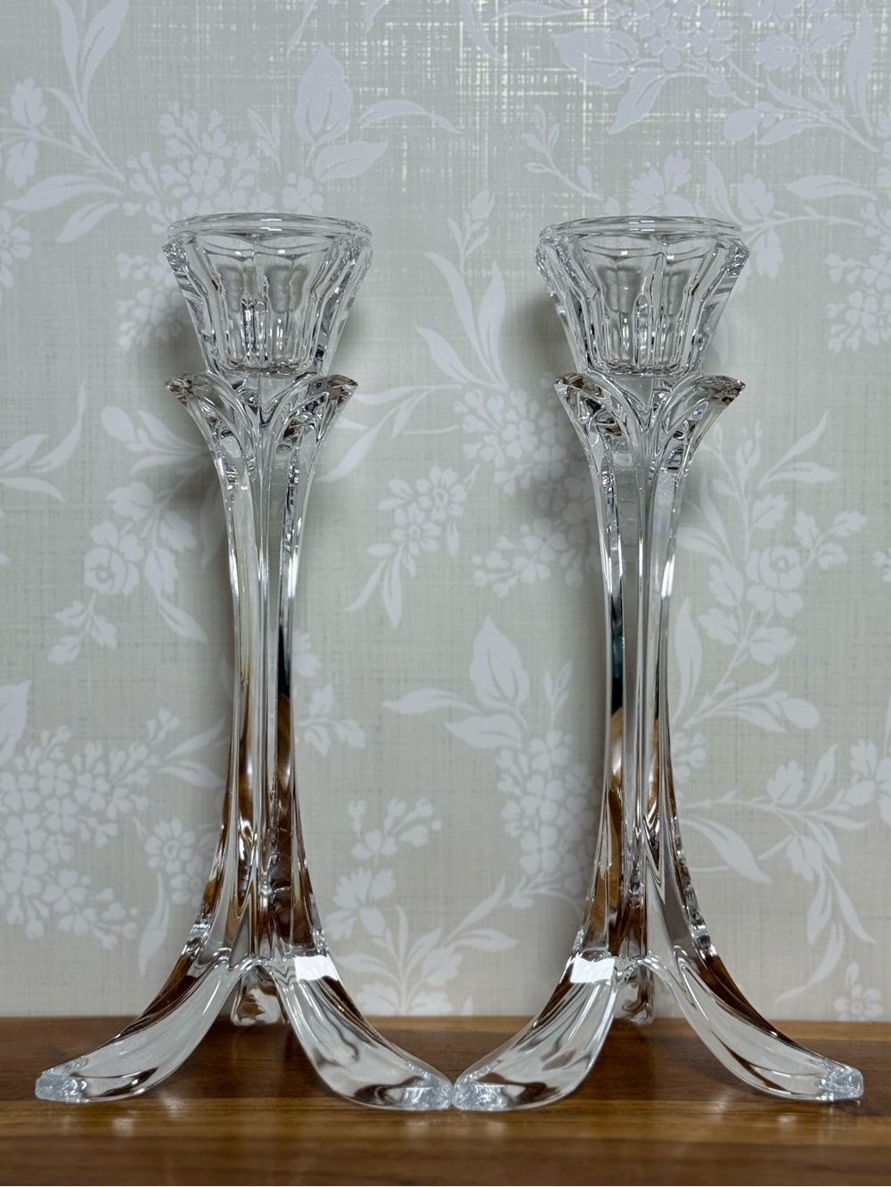 Clear Lead Crystal Glass Candlestick Holders - Pair